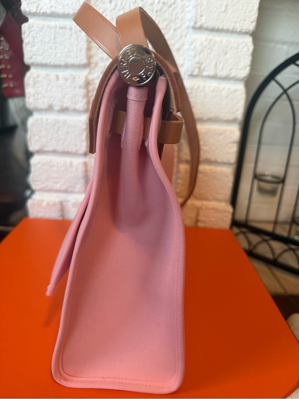 BRAND NEW! Hermès Herbag Zip PM two-way handbag. Pink canvas/brown leather. - Picture 8 of 9